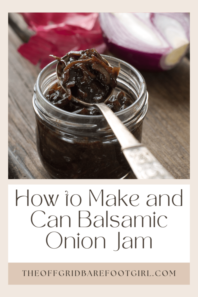 Image illustrates a Pinterest pin of onion jam demonstrating a balsamic onion jam recipe.