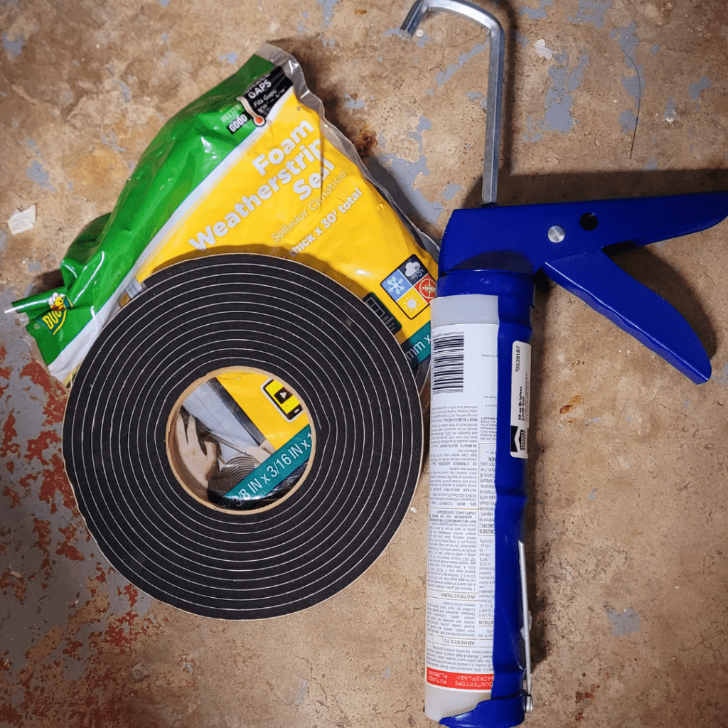 Image illustrates weatherstripping and a caulking gun demonstrating information on how to winterize your home. 