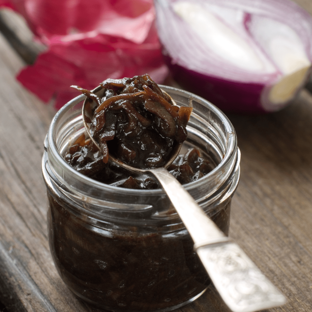 Image illustrates onion jam demonstrating a balsamic onion jam recipe.