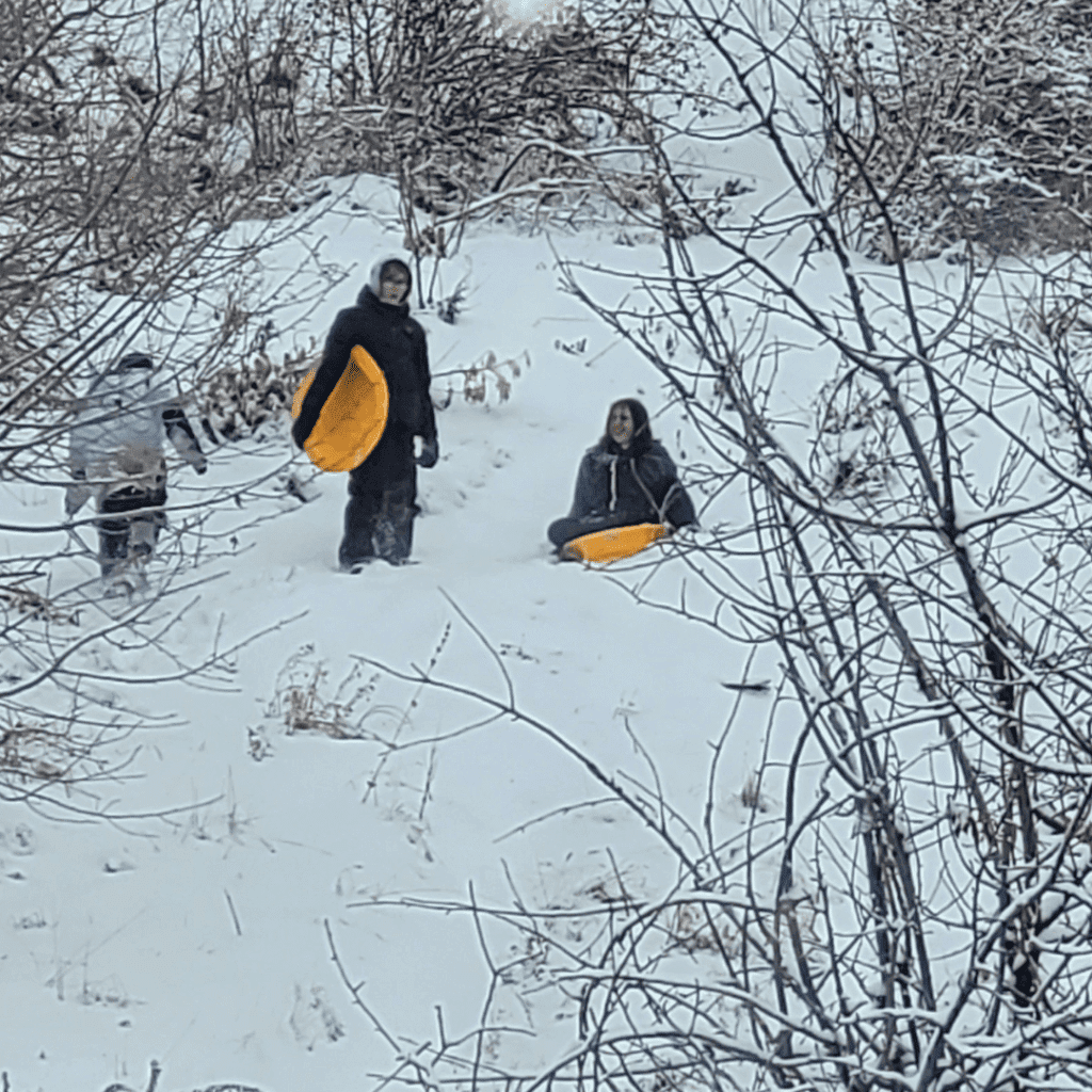 Image illustrates teens mountain sled riding.