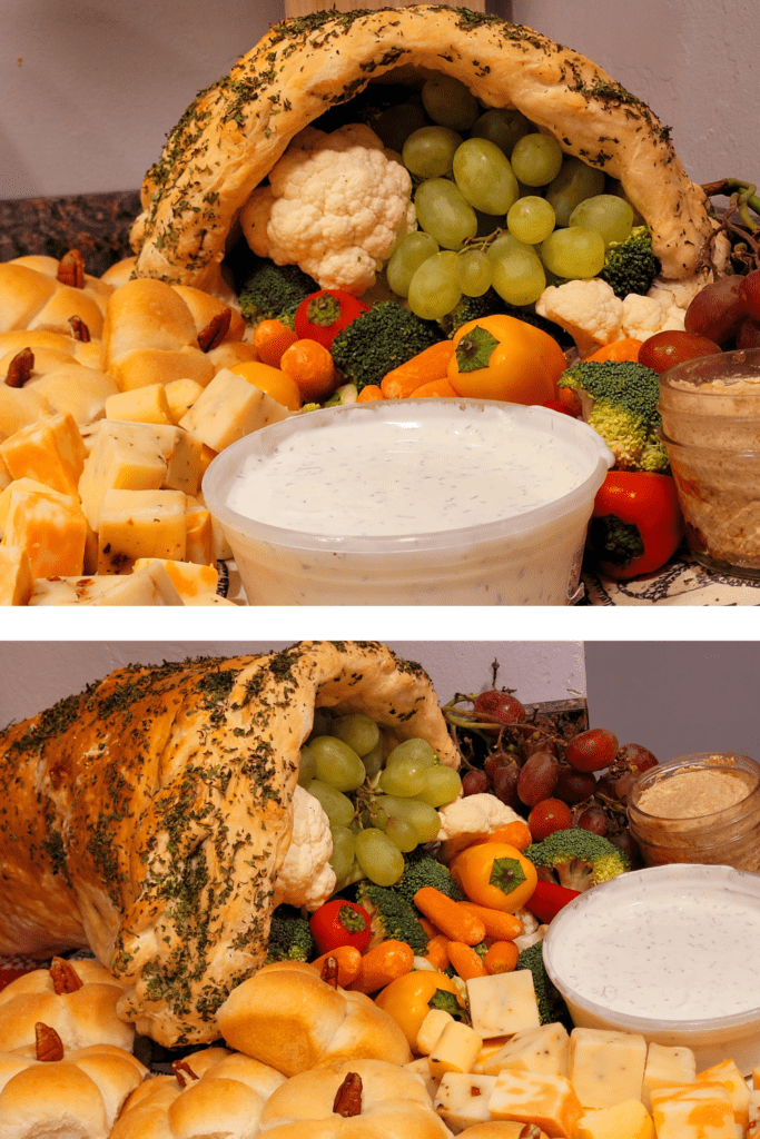 Image illustrates a breaded cornucopia charcuterie board. 