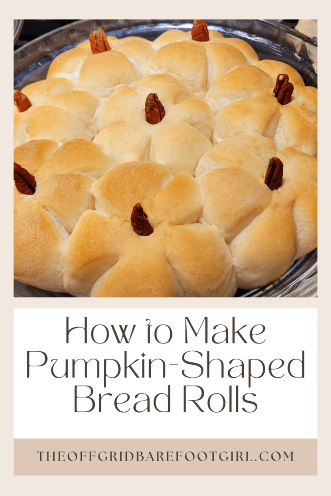 Image illustrates a Pinterest pin of pumpkin-shaped bread rolls for a recipe.
