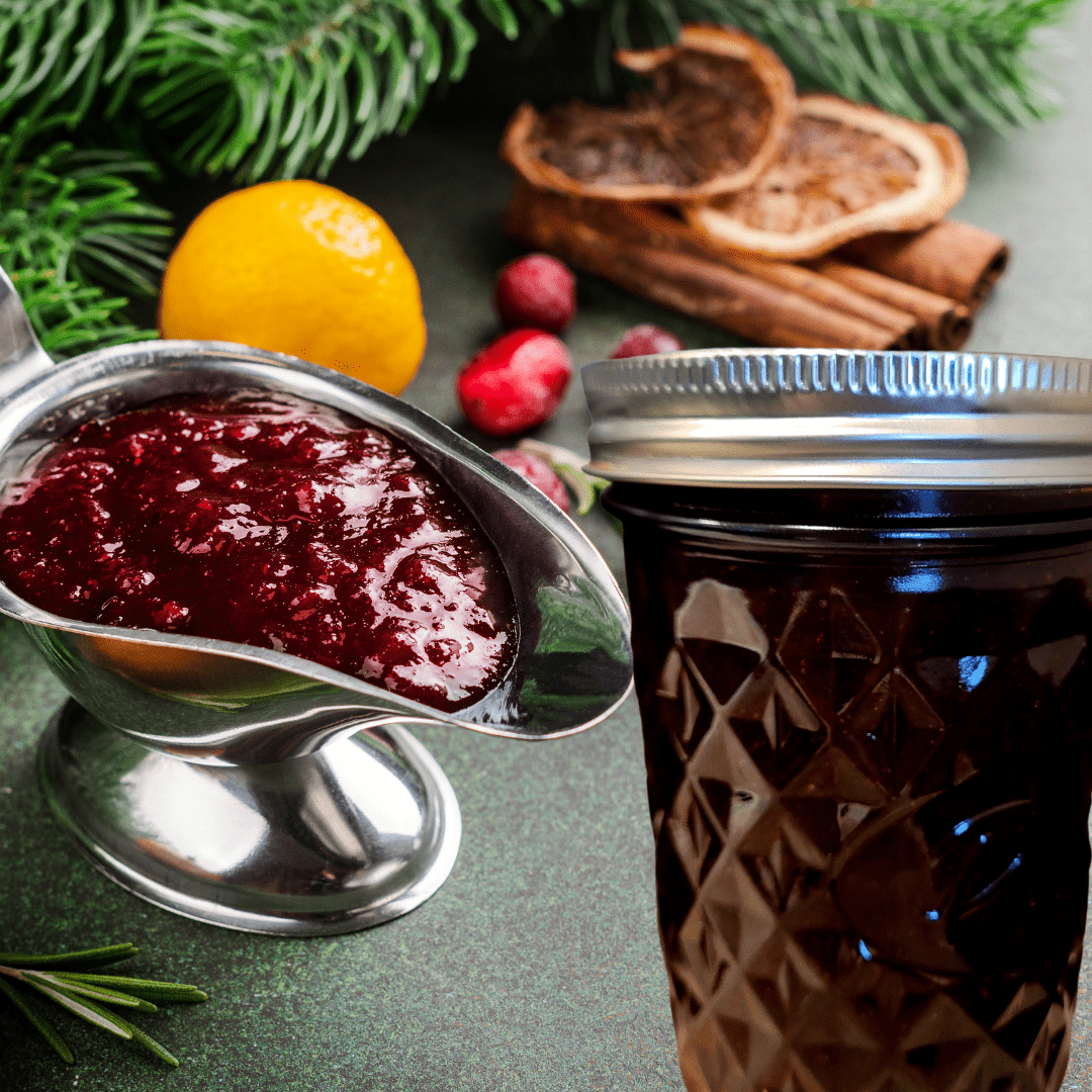 Image illustrates cranberry jam for a Christmas recipe of cranberry merry jam.