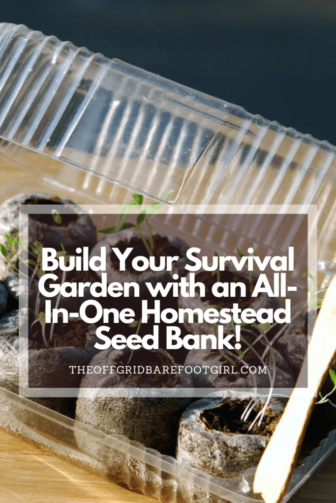Image illustrates a Pinterest pin of information for buying a homestead seed bank.