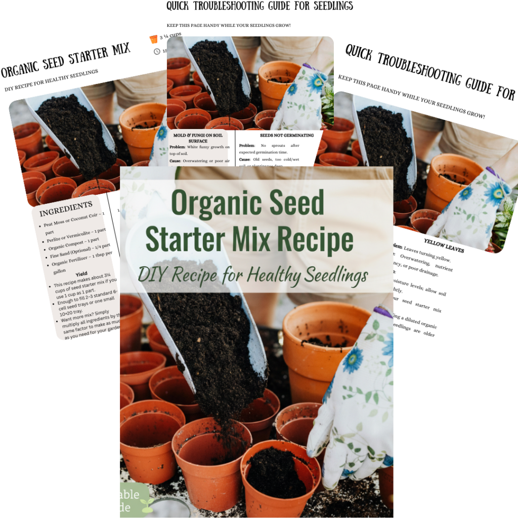 Image illustrates organic seed starter mix recipe printable from The Off Grid Barefoot Girl.