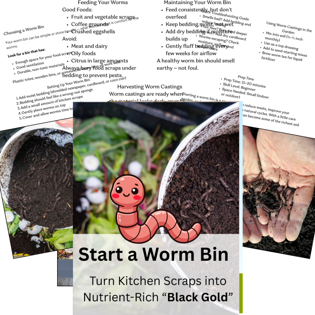 Image illustrates a free printable for starting a worm bin by The Off Grid Barefoot Girl.