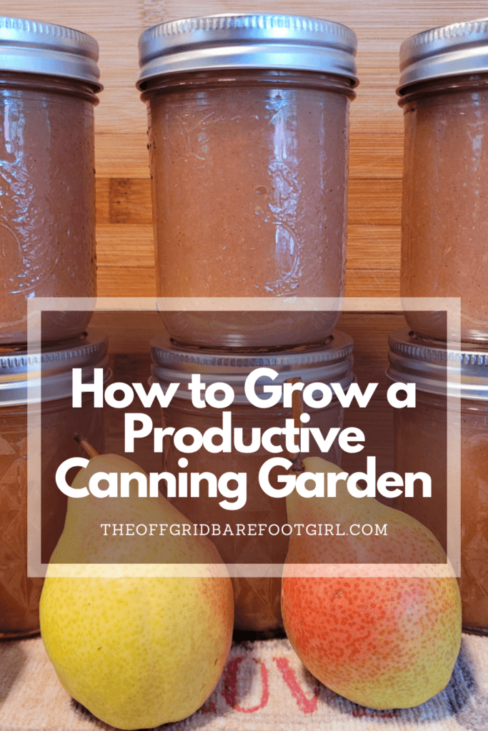 Image illustrates canned pear sauce and fresh pears demonstrating how to grow a productive canning garden. 