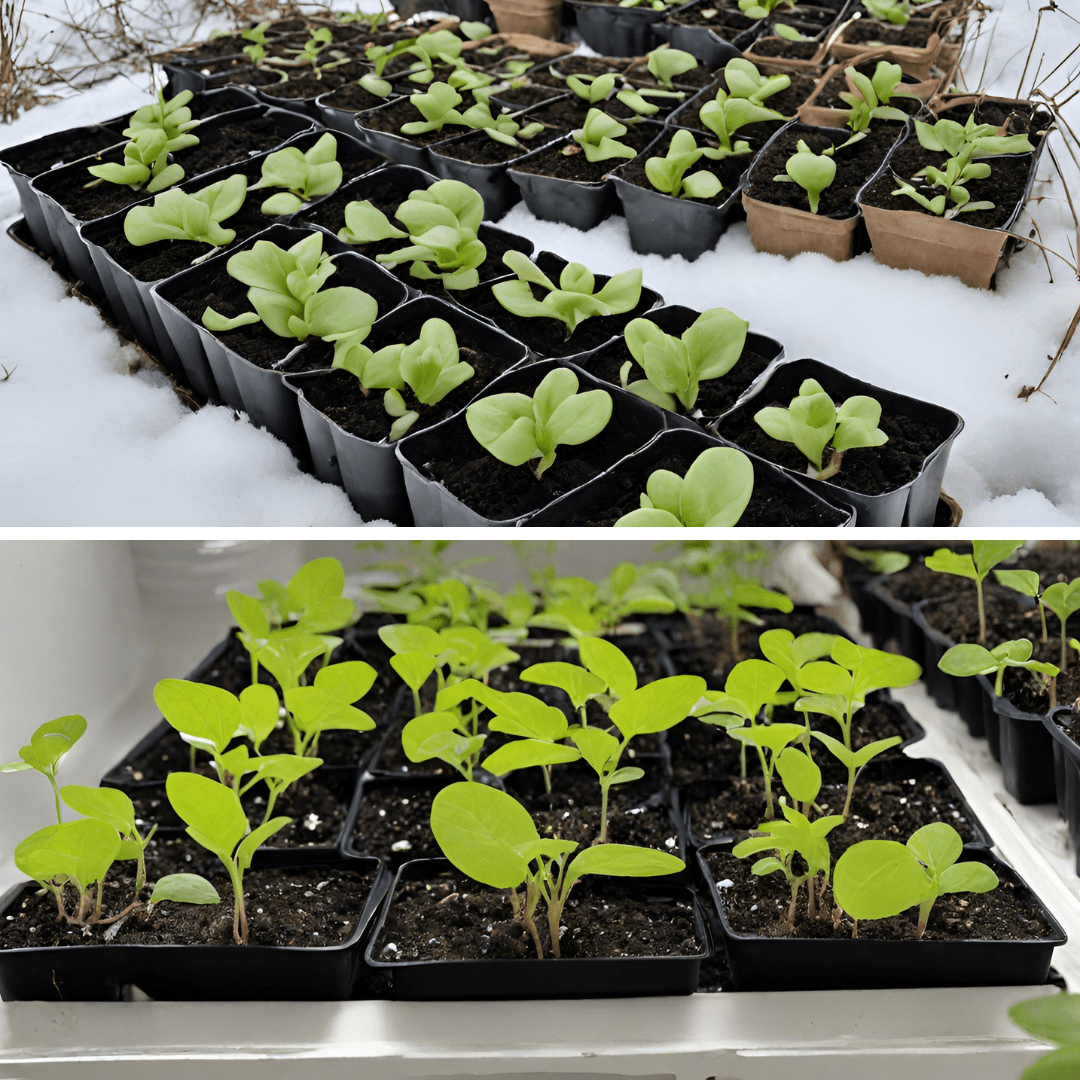 Image illustrates seedlings growing both outdoor and indoor for a comparison of outdoor vs. indoor sowing techniques.