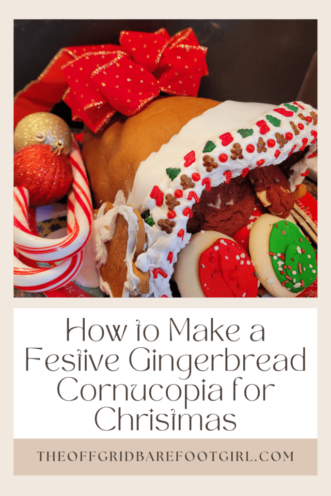 Image illustrates a Pinterest pin of a gingerbread cornucopia. 