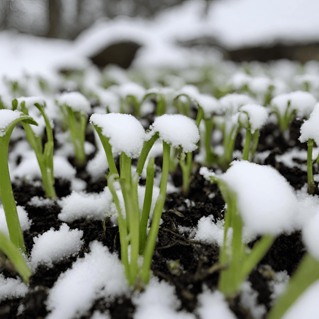 Image illustrates seedlings in snow demonstrating information how to cold moist stratify seeds.