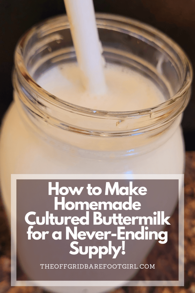 Image illustrates a Pinterest pin of homemade cultured buttermilk. 