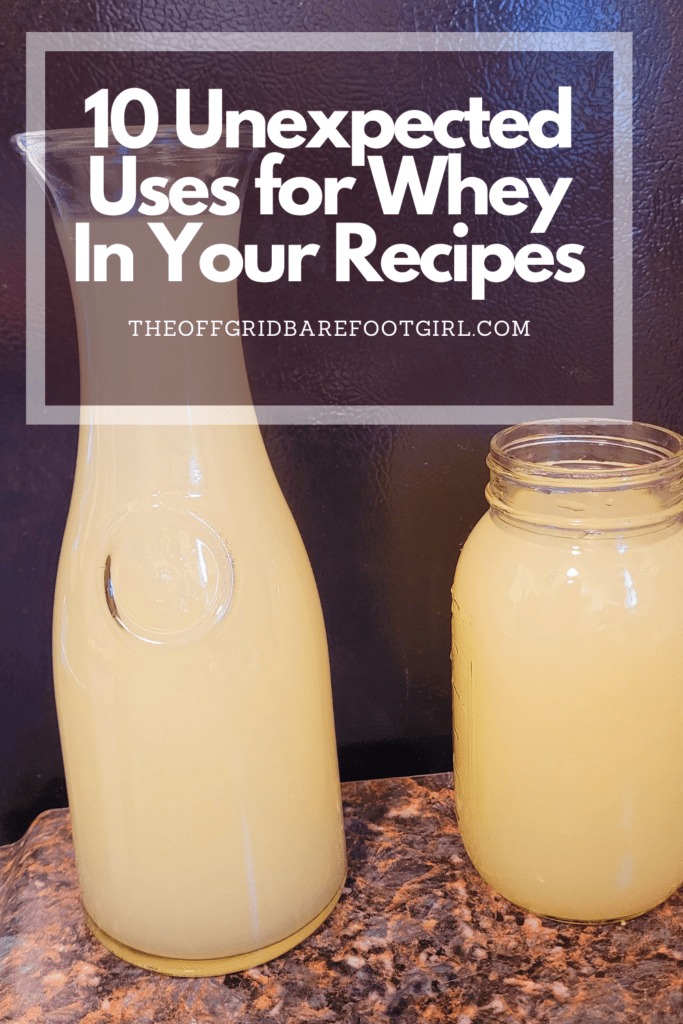 Image illustrates a Pinterest pin of whey in a bottle demonstrating uses for whey. 