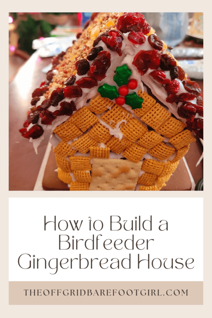 Image illustrates a Pinterest pin of a birdfeeder gingerbread house.