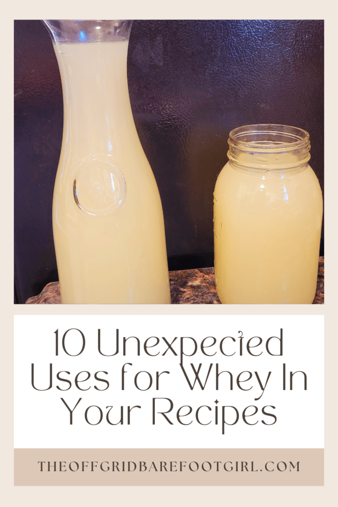 Image illustrates a Pinterest pin of whey in a bottle demonstrating uses for whey. 
