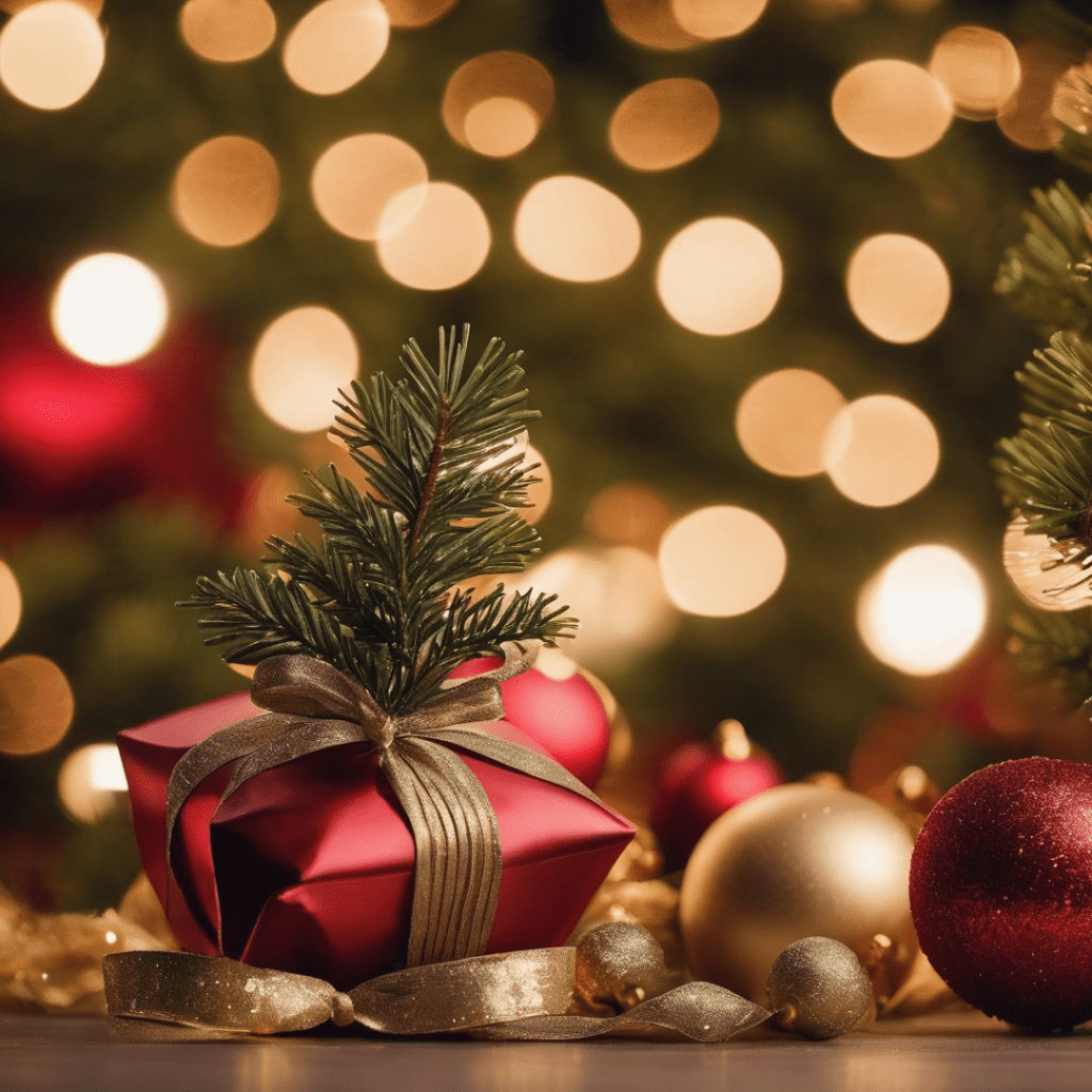 Image illustrates a Christmas gift with an evergreen twig demonstrating information on how to have an eco-friendly Christmas.