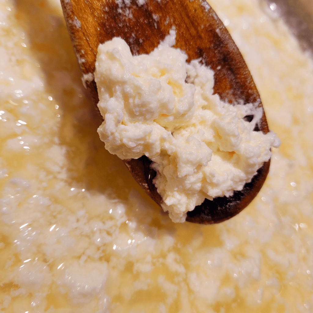 Image illustrates a spoonful of curdled whole milk demonstrating a recipe for easy homemade ricotta cheese. 