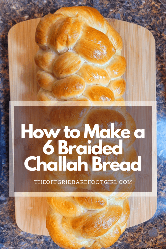 Image illustrates a Pinterest pin of a 6 braided challah bread recipe.