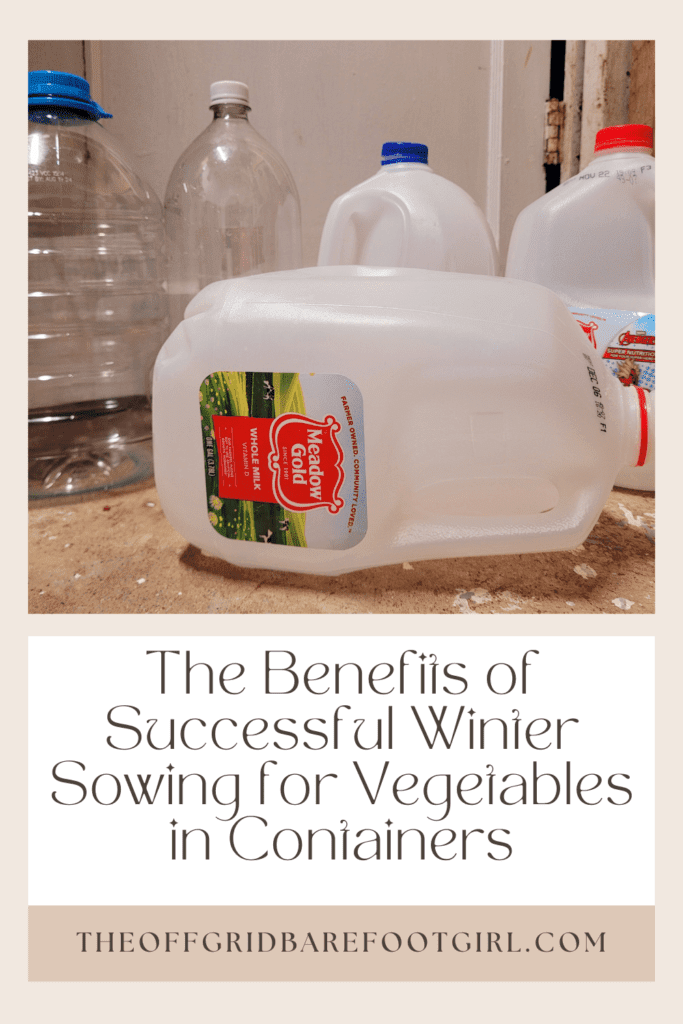 Image illustrates a Pinterest pin of plastic containers for successful winter sowing for vegetables. 