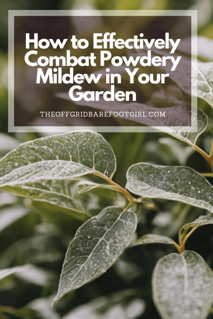 Image illustrates a Pinterest pin of a plant with white powdery mildew demonstrating how to get rid of powdery mildew in your garden. 