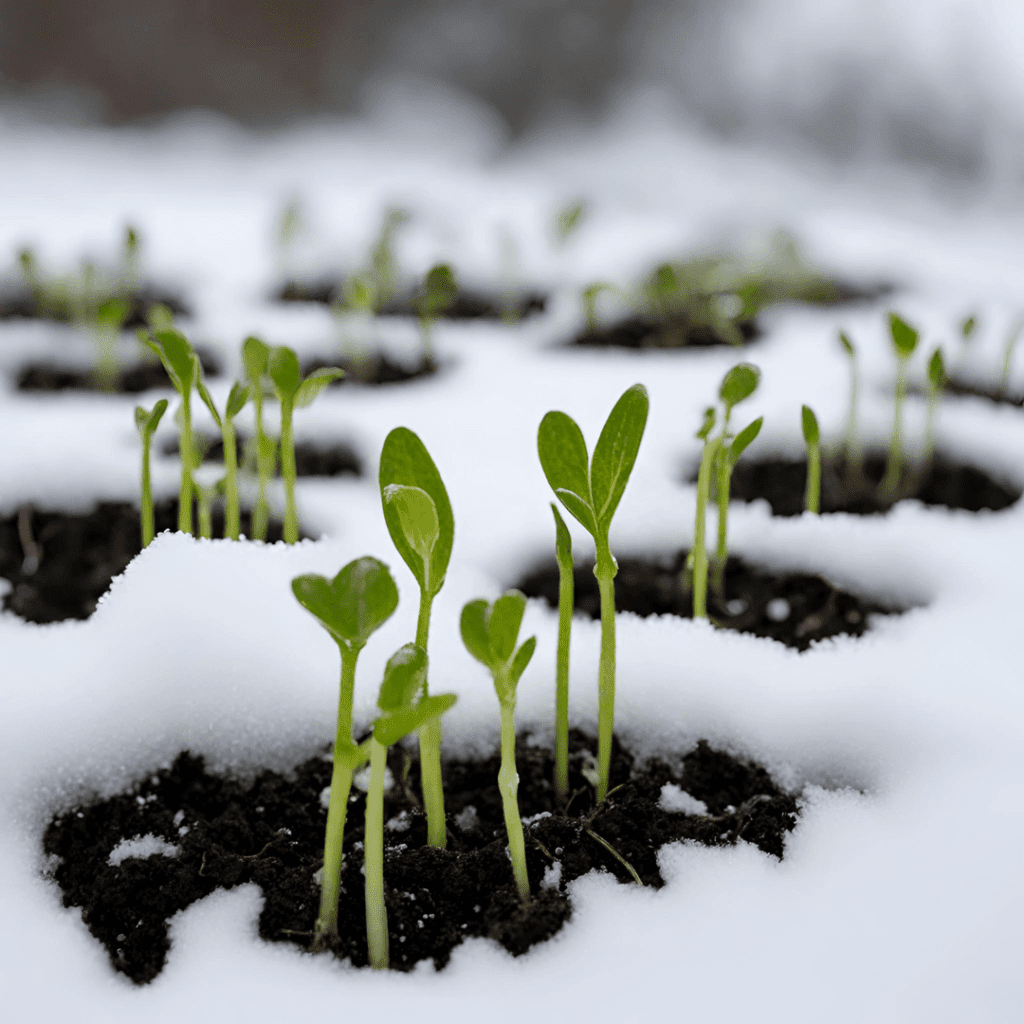 Image illustrates seedlings sprouting in snow demonstrating information on how to stratify seeds for winter sowing.