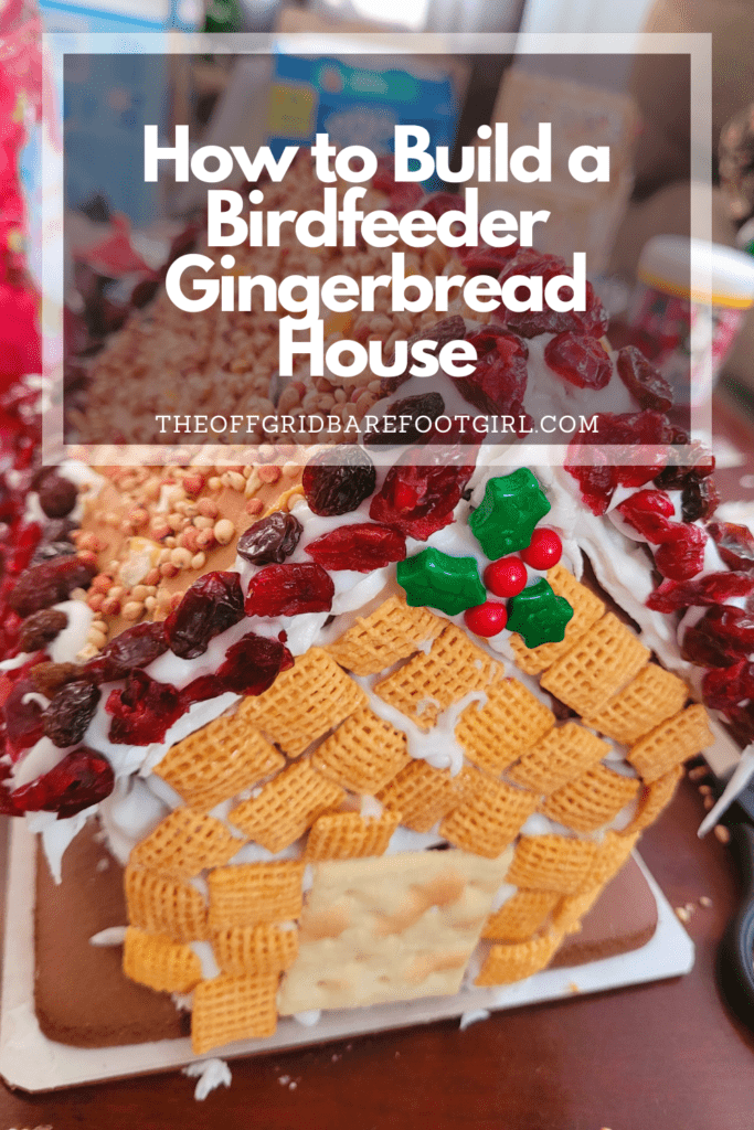 Image illustrates a Pinterest pin of a birdfeeder gingerbread house.