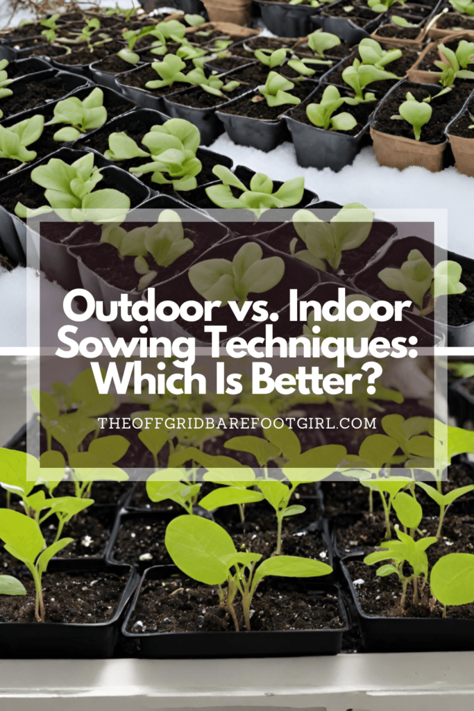 Image illustrates a Pinterest pin of seedlings growing both outdoor and indoor for a comparison of outdoor vs. indoor sowing techniques. 