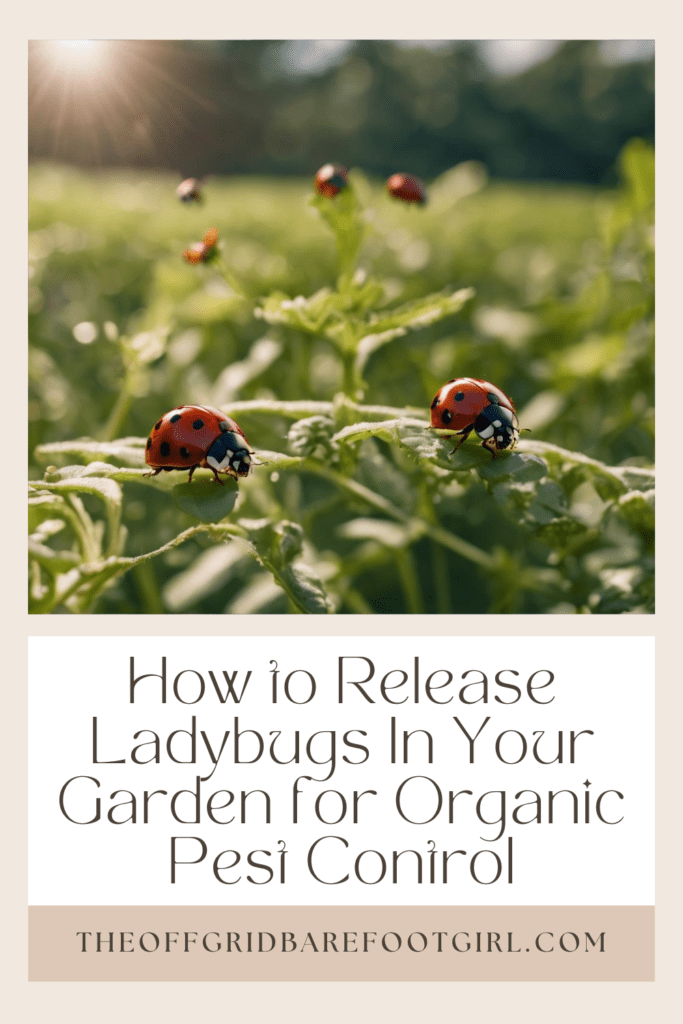 Image illustrates a Pinterest pin of a ladybug in a garden demonstrating how to release ladybugs in your garden.