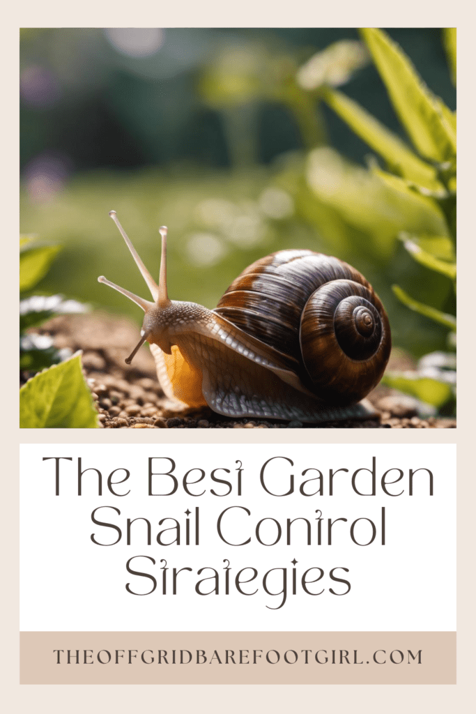 Image illustrates a Pinterest pin of a snail demonstrating information for the best garden snail control strategies.