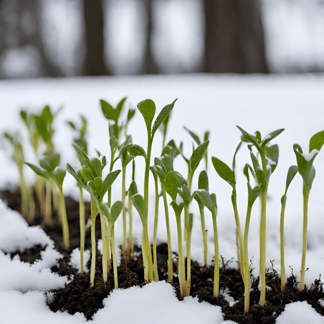 Image illustrates seedlings in snow for winter sowing.