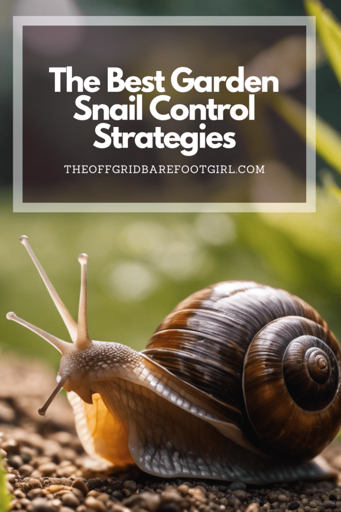 Image illustrates a Pinterest pin of a snail demonstrating information for the best garden snail control strategies.
