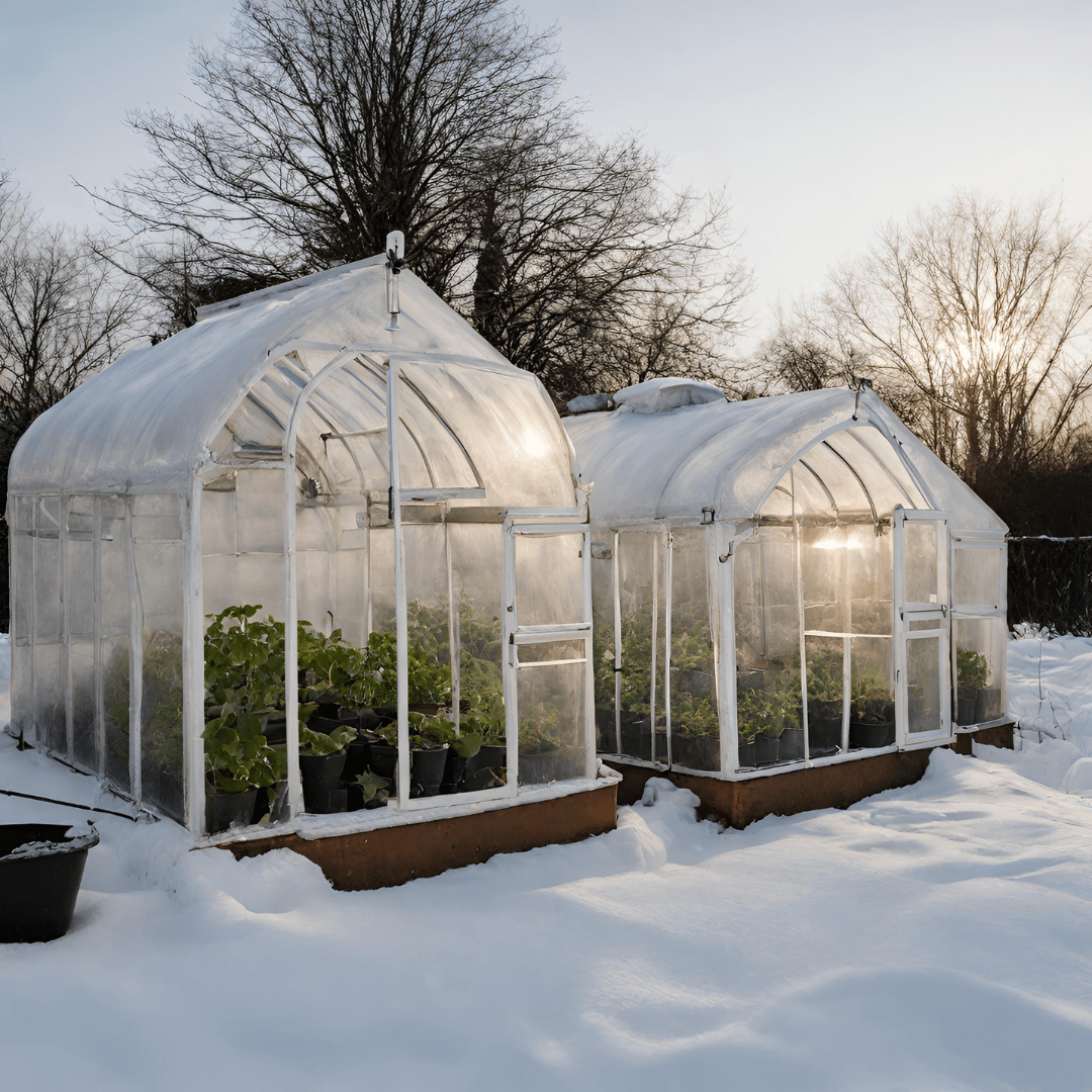Image illustrates a mini greenhouse in the winter for mastering winter sowing.