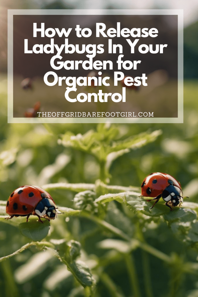 Image illustrates a Pinterest pin of a ladybug in a garden demonstrating how to release ladybugs in your garden.