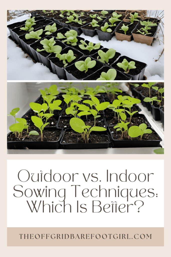 Image illustrates a Pinterest pin of seedlings growing both outdoor and indoor for a comparison of outdoor vs. indoor sowing techniques. 