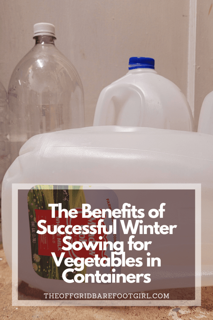 Image illustrates a Pinterest pin of plastic containers for successful winter sowing for vegetables. 