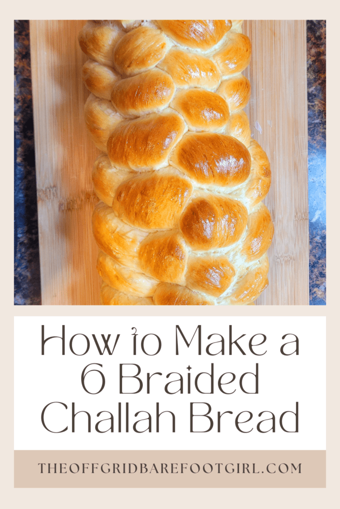 Image illustrates a Pinterest pin of a 6 braided challah bread recipe.