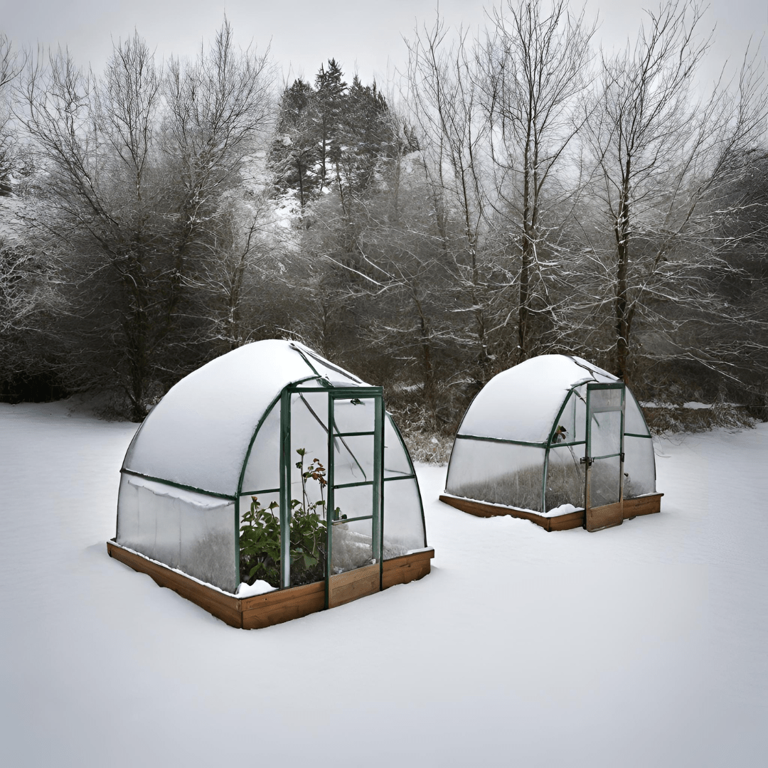 Image illustrates plants in a mini greenhouse for winter sowing for spring planting.