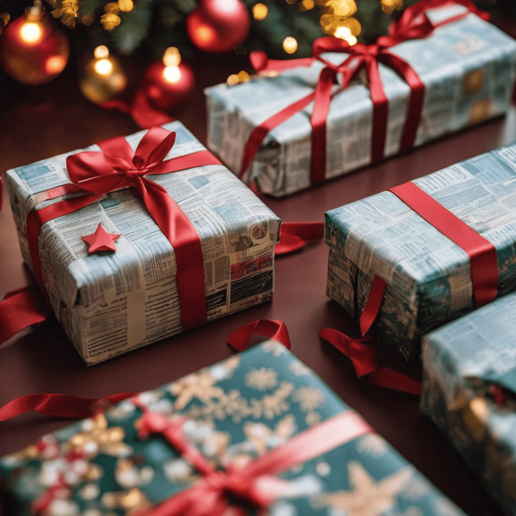 Image illustrates Christmas gifts wrapped in newspapers for an eco-friendly Christmas. 