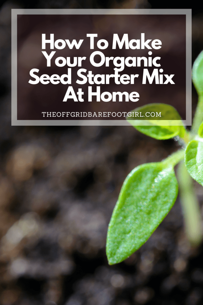 Image illustrates a Pinterest pin of a seedling in soil demonstrating information about organic seed starting mix. 