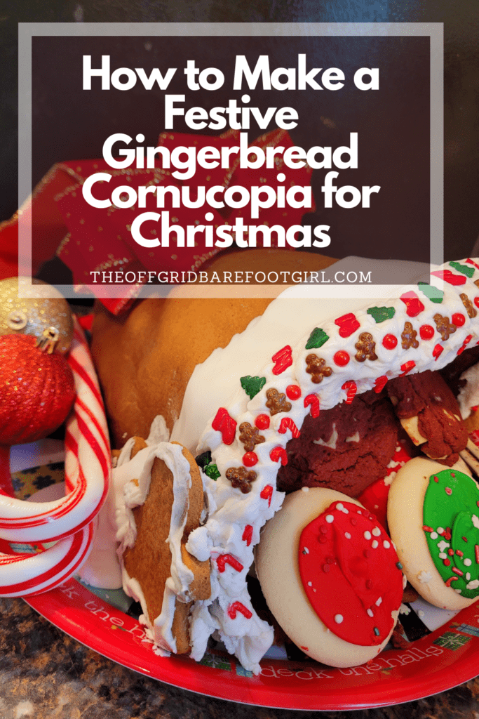 Image illustrates a Pinterest pin of a gingerbread cornucopia. 