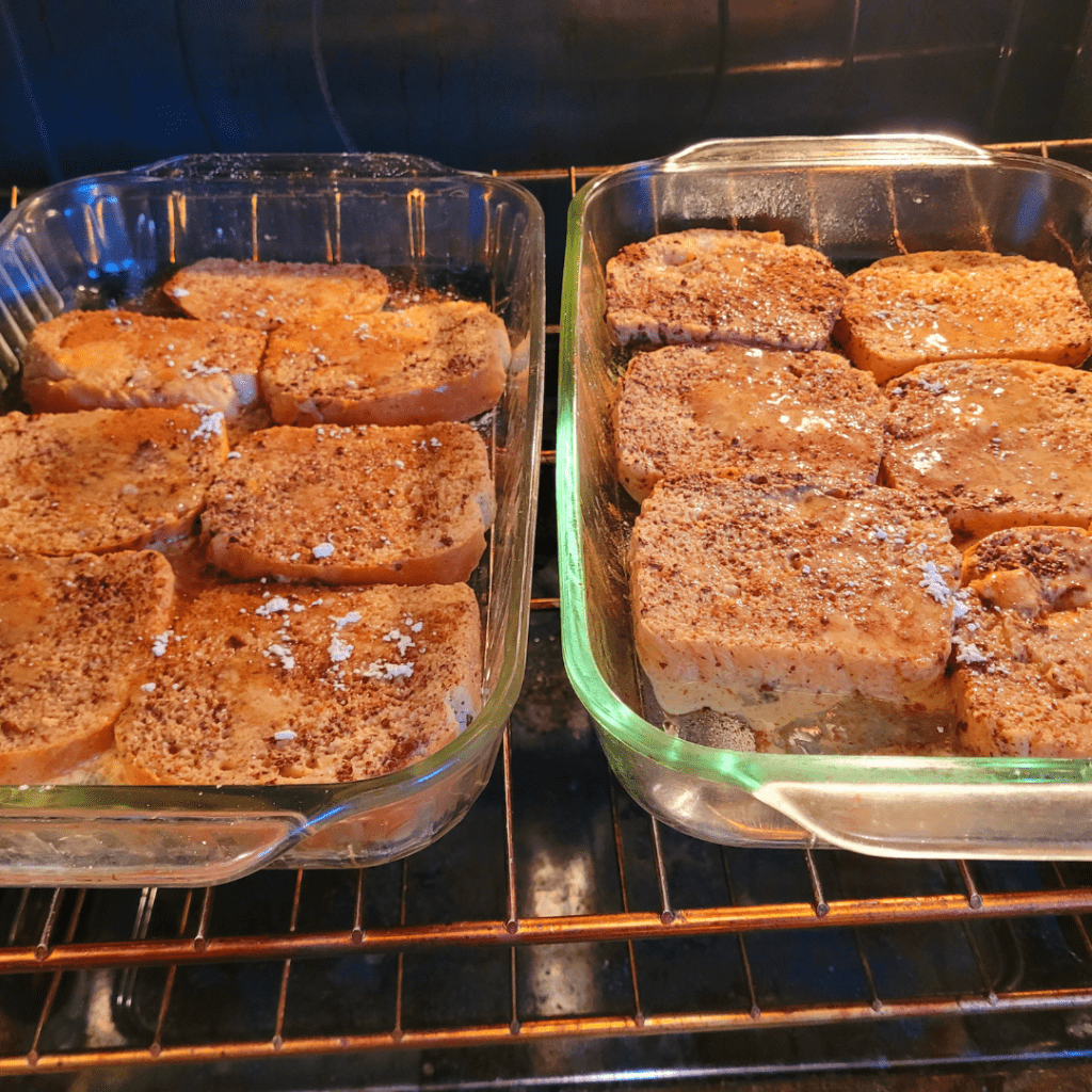Image illustrates sourdough French toast baking in the oven. 