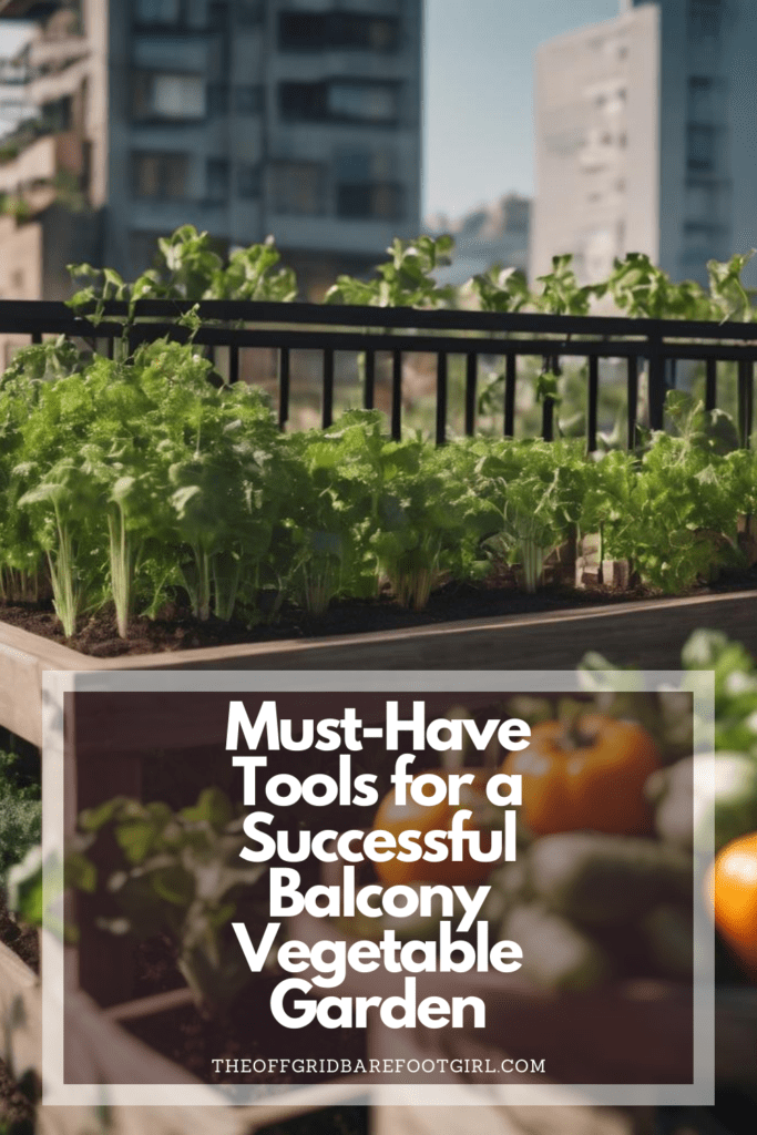 Image illustrates a Pinterest pin of a balcony vegetable garden. 