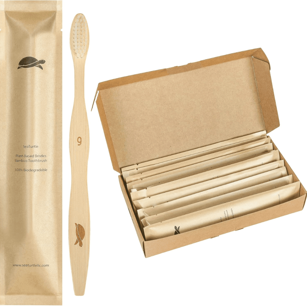 Image illustrates bamboo toothbrushes for ways of sustainable living. 