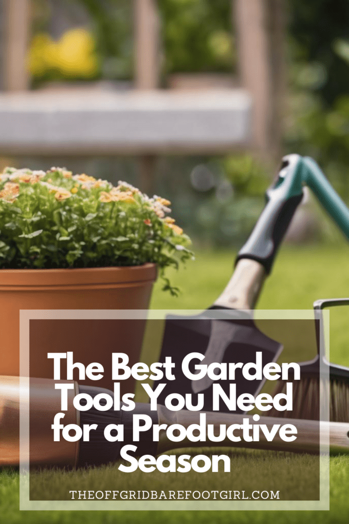 Image illustrates a Pinterest pin of the best garden tools. 