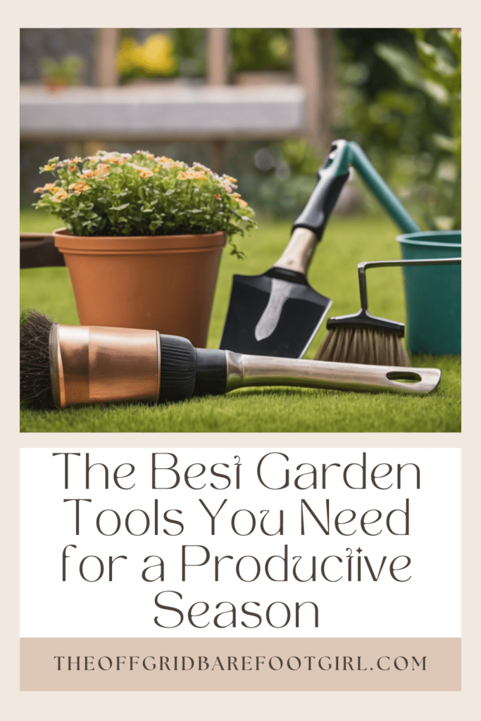 Image illustrates a Pinterest pin of the best garden tools. 