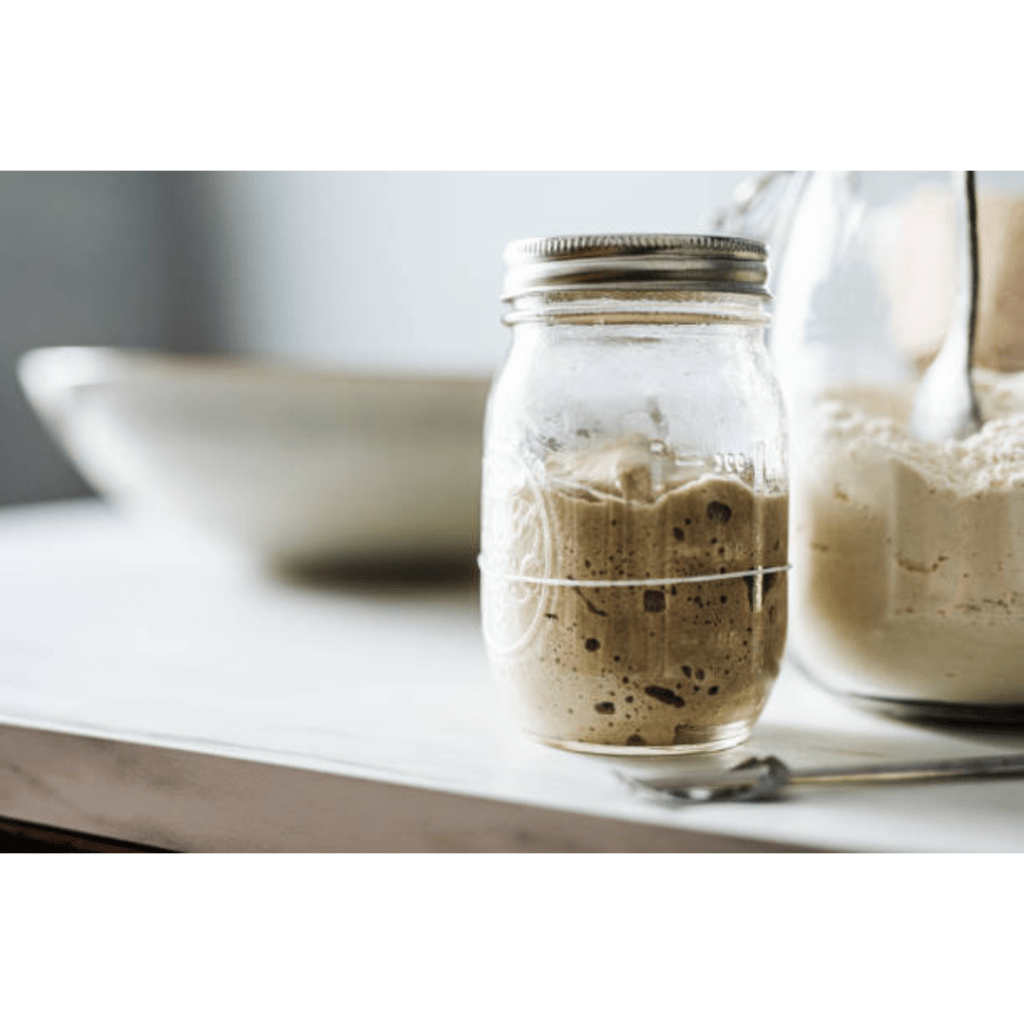 Image illustrates sourdough starter for making sourdough calzones. 