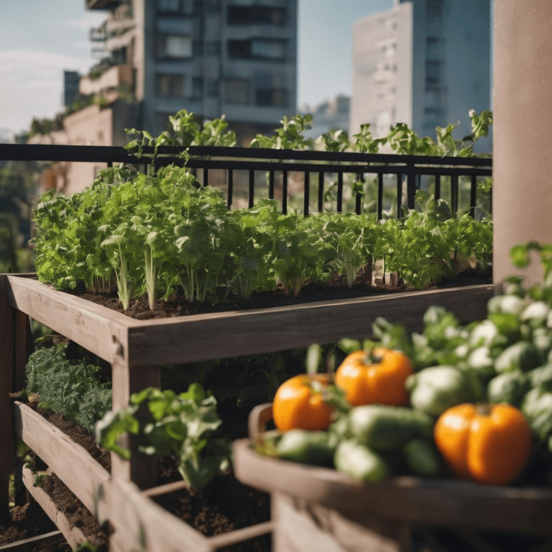 Image illustrates a balcony vegetable garden.
