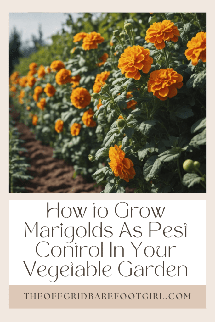 Image illustrates a Pinterest pin of marigolds as pest control. 