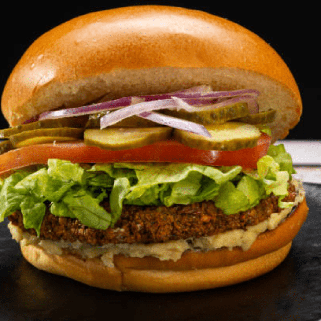 Image illustrates a black bean burger.