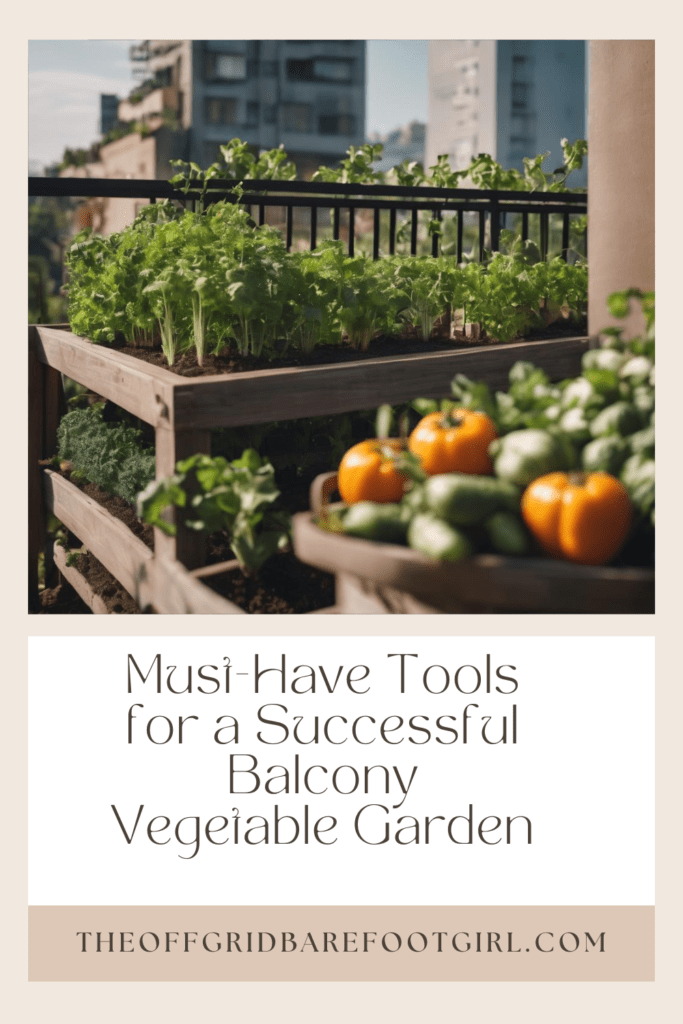 Image illustrates a Pinterest pin of a balcony vegetable garden. 