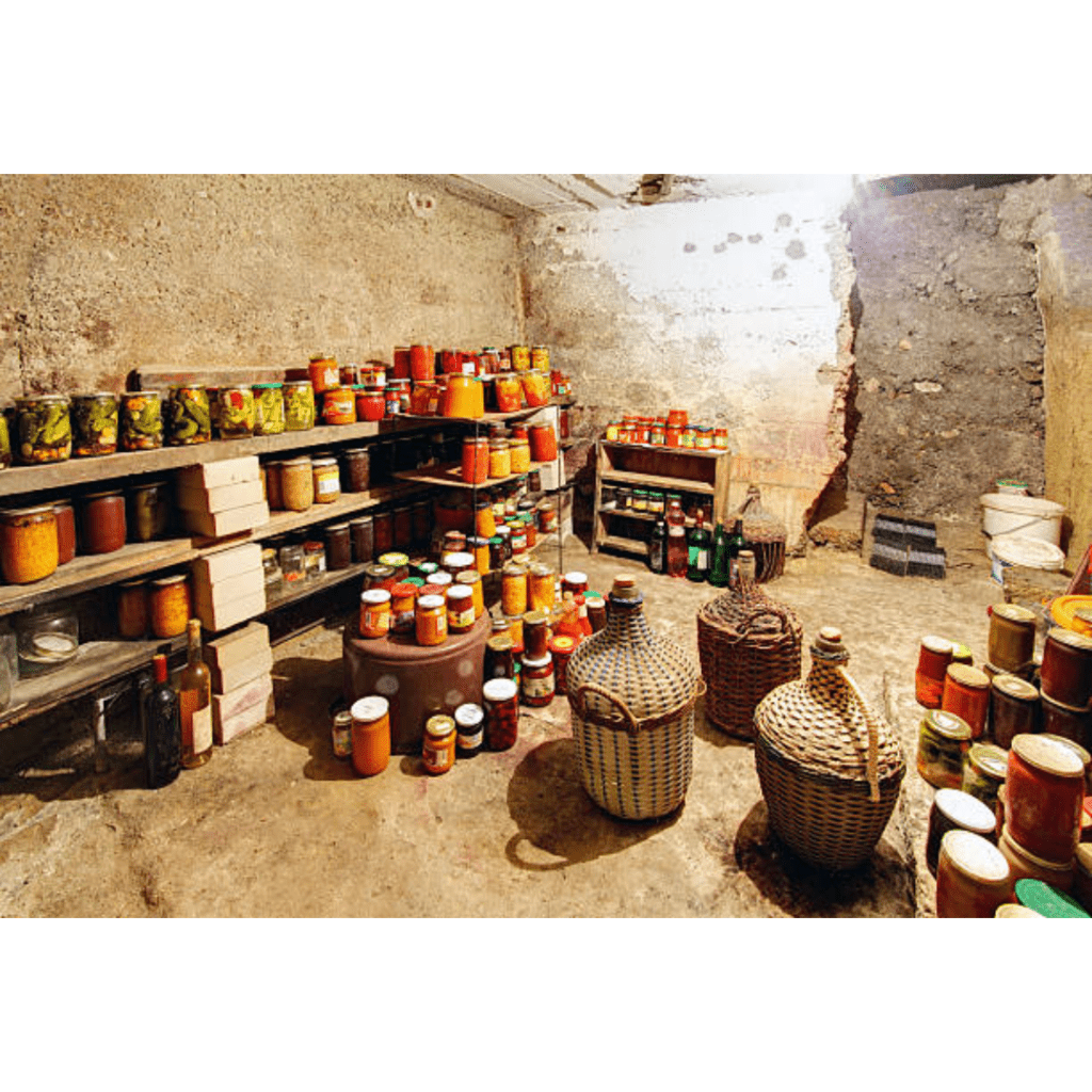 Image illustrates a pantry for a garden harvest for a prepper garden. 